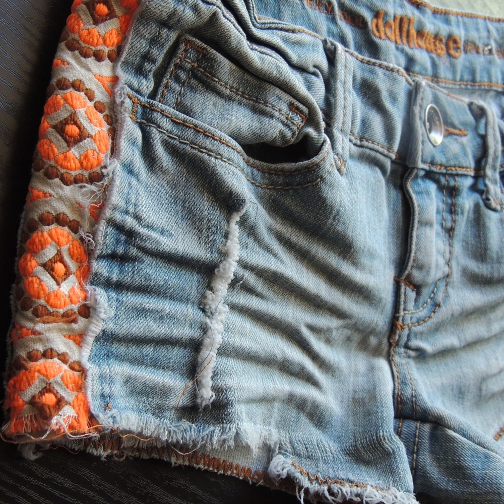 Embroidered & Distressed Jean Shorts